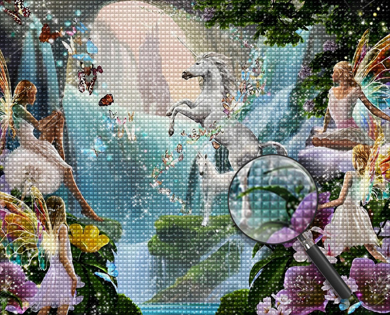 Einhorn und Elfe in der Märchenwelt Diamond Painting