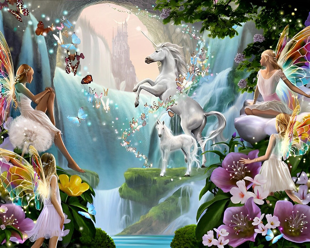 Einhorn und Elfe in der Märchenwelt Diamond Painting