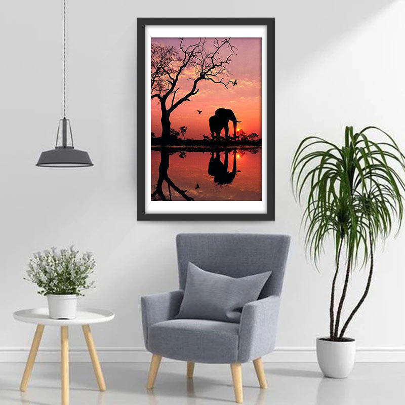 Elefant am See bei Sonnenaufgang Diamond Painting