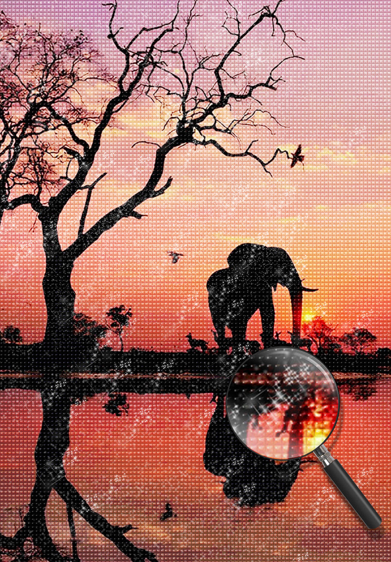 Elefant am See bei Sonnenaufgang Diamond Painting