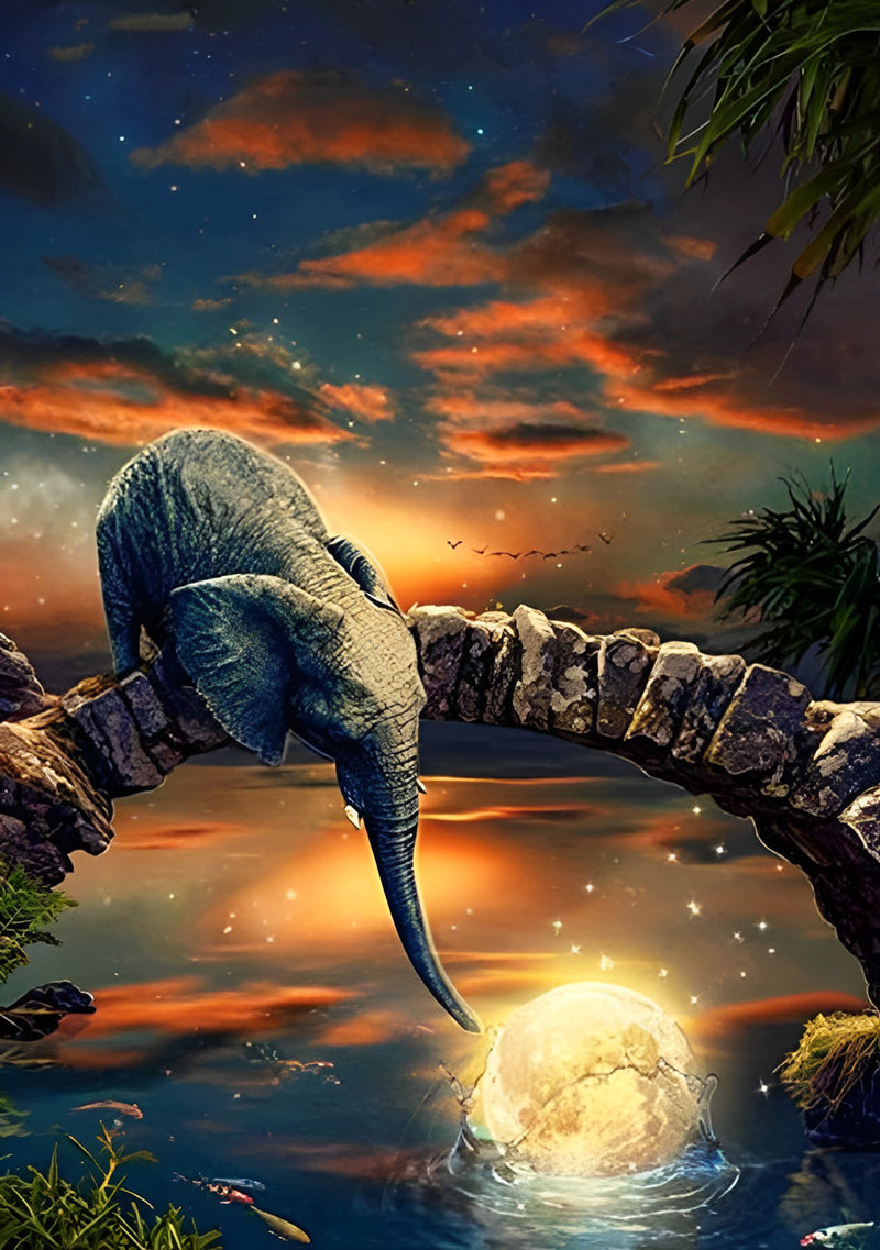 Elefant auf der Brücke und Mond auf dem Wasser Diamond Painting