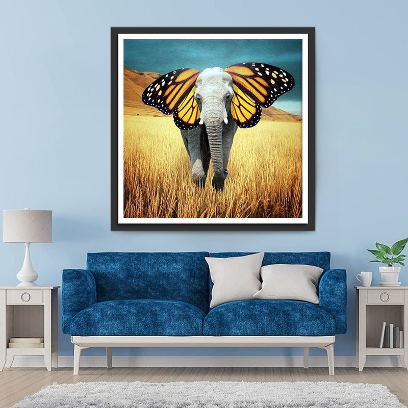 Elefant mit Schmetterling-Ohren im Weizenfeld Diamond Painting