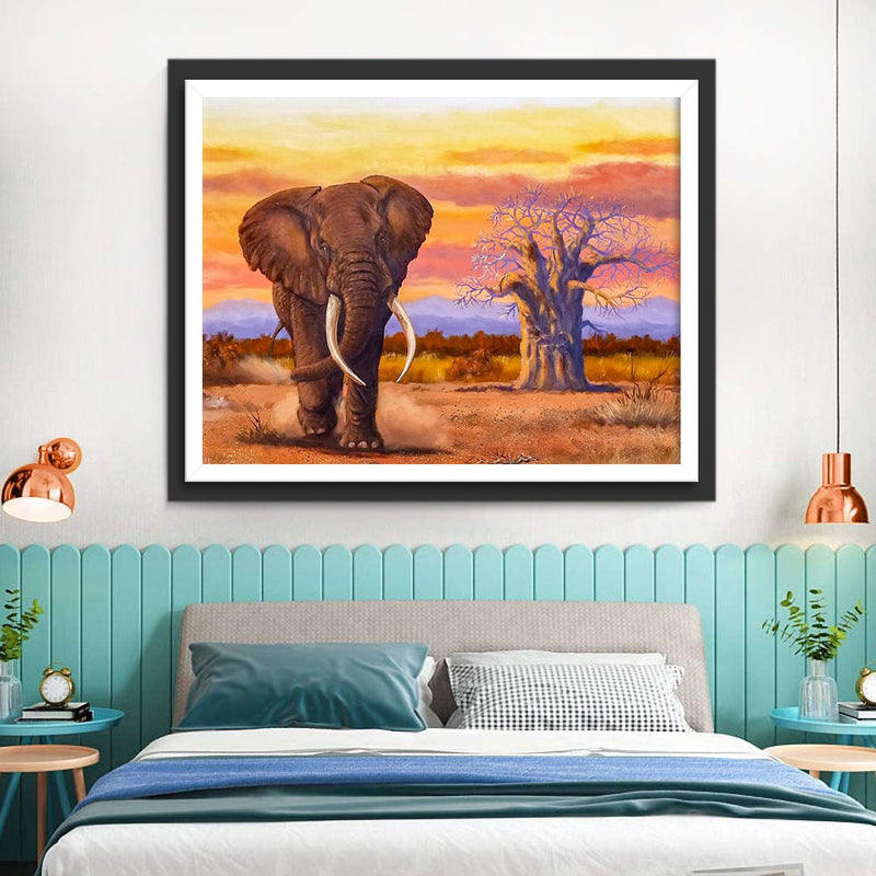 Elefant und dürrer Baum auf der Wiese Diamond Painting