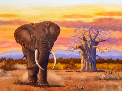 Elefant und dürrer Baum auf der Wiese Diamond Painting