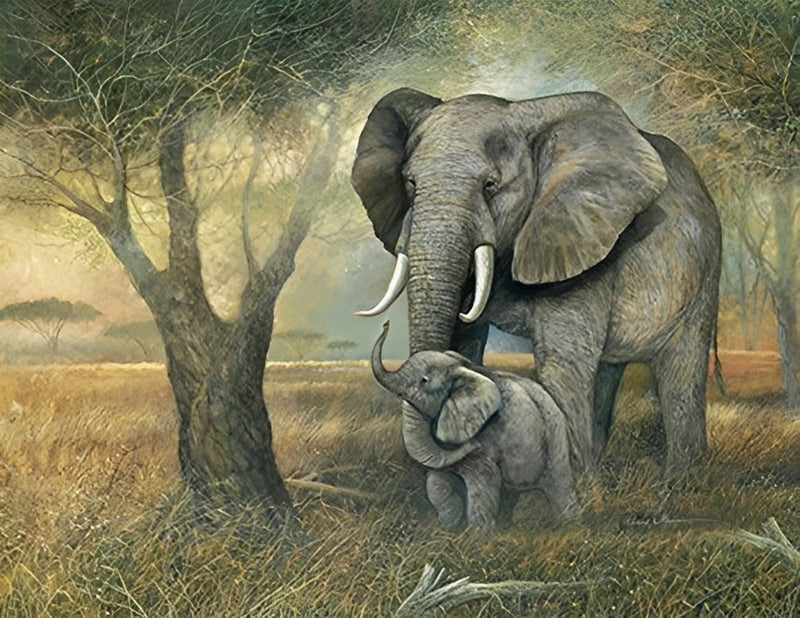 Elefant und kleiner Elefant neben dem Baum Diamond Painting