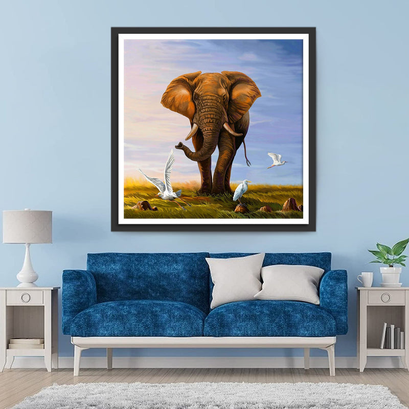 Elefant und weiße Vögel Diamond Painting