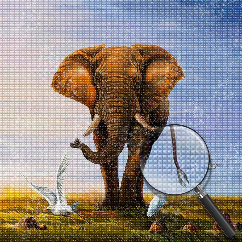 Elefant und weiße Vögel Diamond Painting