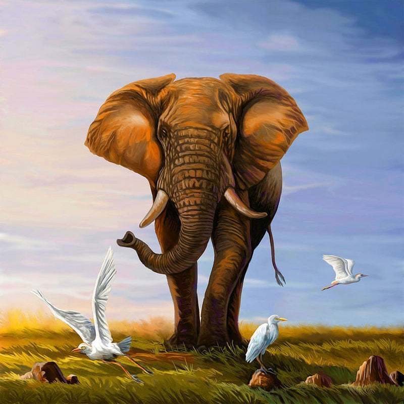 Elefant und weiße Vögel Diamond Painting