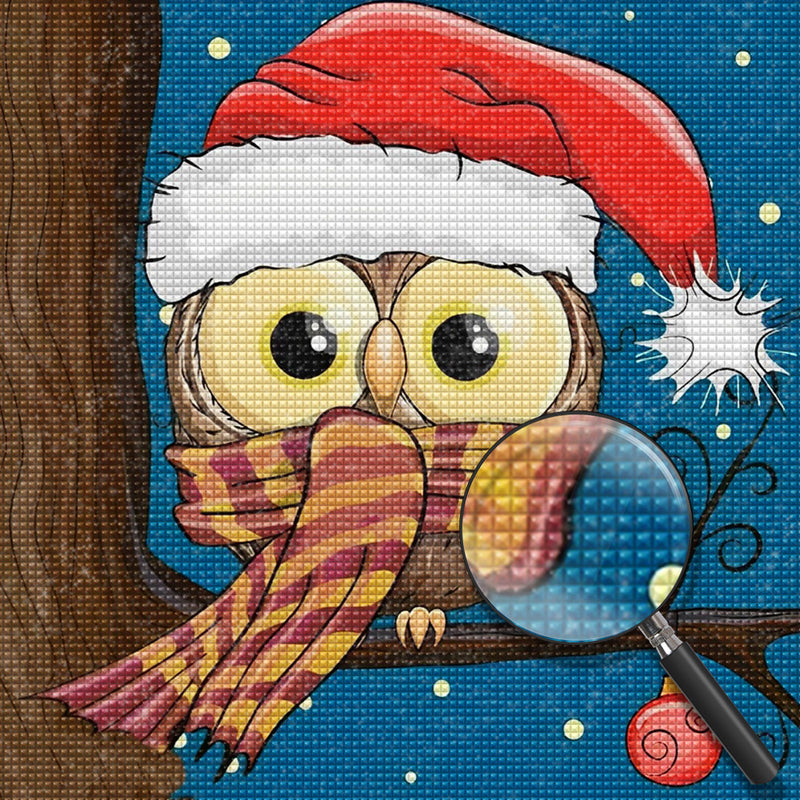 Eule mit Weihnachtsmütze auf dem Baum Diamond Painting