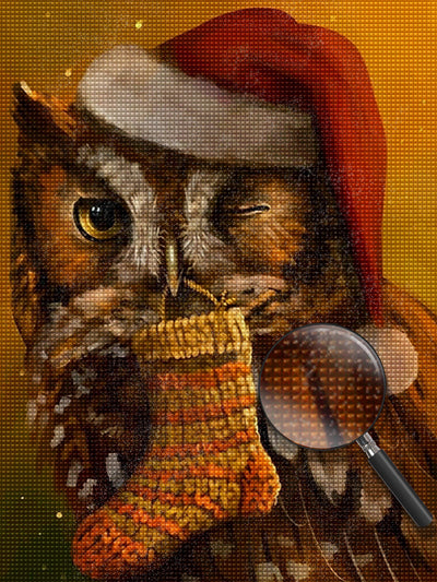 Eule mit Weihnachtsstrumpf im Maul Diamond Painting