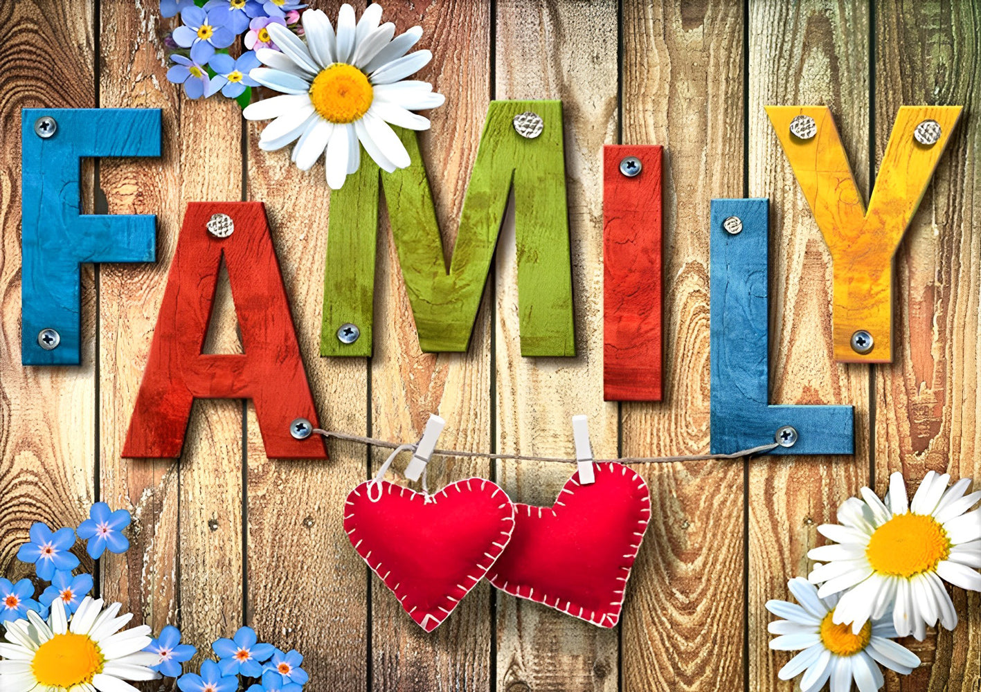 Familie, Herz und Gänseblümchen Diamond Painting