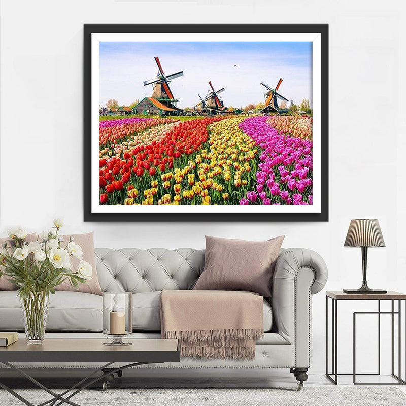 Farbige Tulpen und Holländische Windmühle Diamond Painting