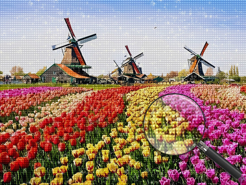 Farbige Tulpen und Holländische Windmühle Diamond Painting