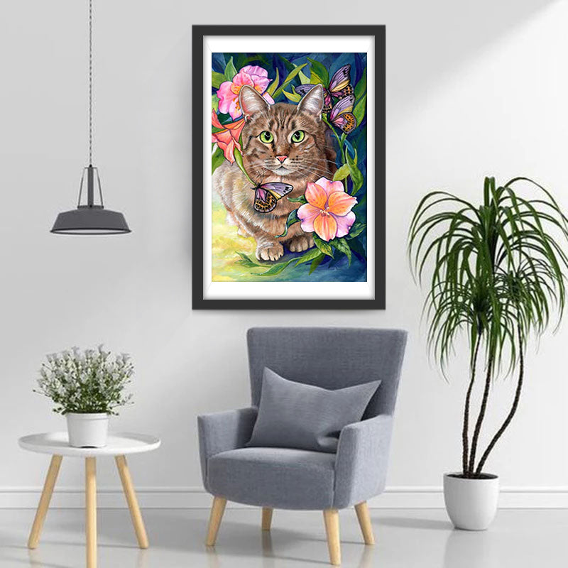 Fette Katze und rosa Blumen Diamond Painting