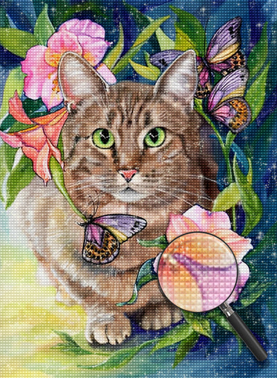 Fette Katze und rosa Blumen Diamond Painting