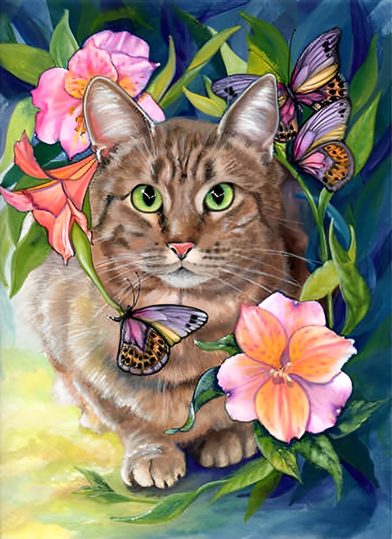 Fette Katze und rosa Blumen Diamond Painting