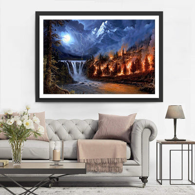 Feuer und Wasserfall im Wald Diamond Painting