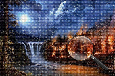 Feuer und Wasserfall im Wald Diamond Painting