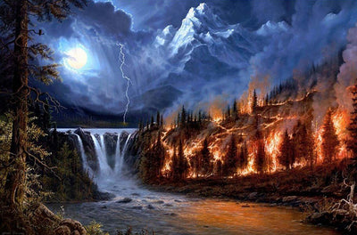 Feuer und Wasserfall im Wald Diamond Painting