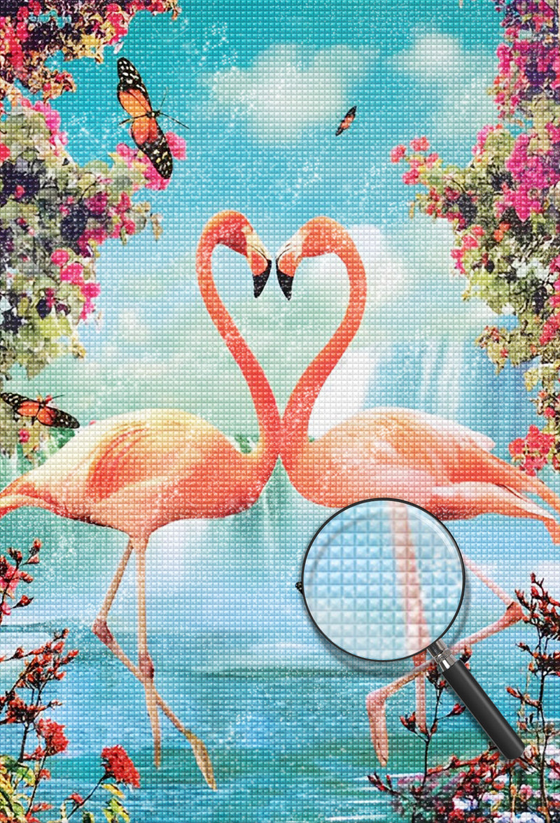 Flamingo-Liebespaar vor dem Wasserfall Diamond Painting