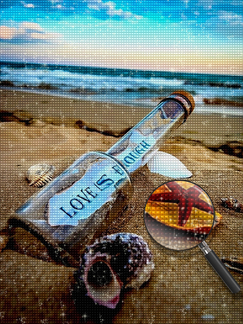 Flasche, Muschel und Seestern am Strand Diamond Painting