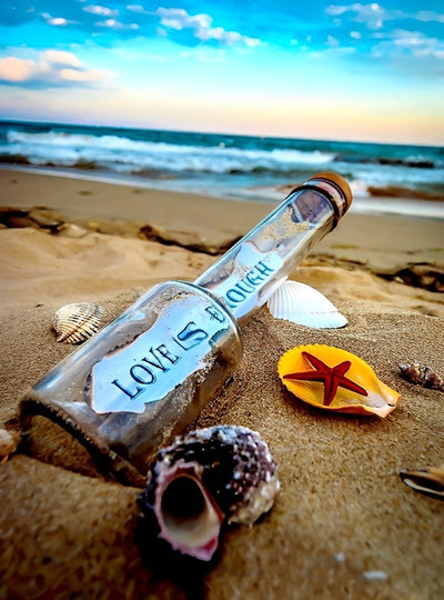 Flasche, Muschel und Seestern am Strand Diamond Painting