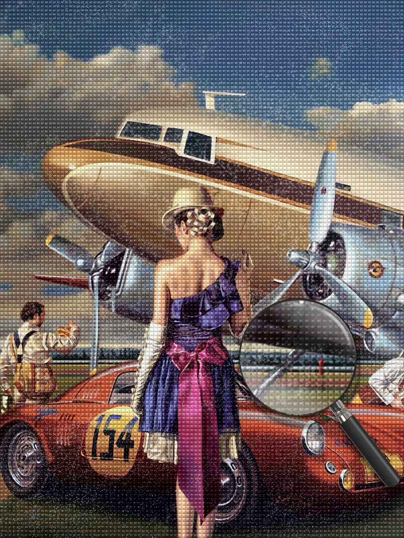 Flugzeug, Auto und schöne Frau Diamond Painting