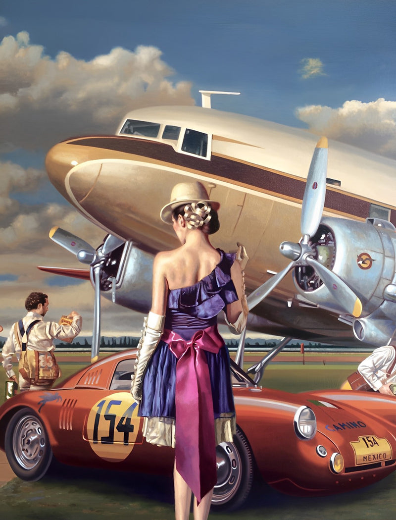 Flugzeug, Auto und schöne Frau Diamond Painting