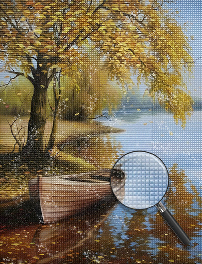 Fluss und Boot unter Baum im Herbst Diamond Painting