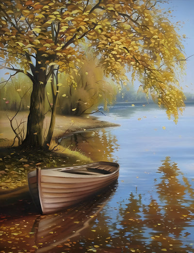 Fluss und Boot unter Baum im Herbst Diamond Painting