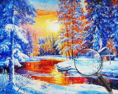 Fluss und Schneewald bei Sonnenuntergang Diamond Painting