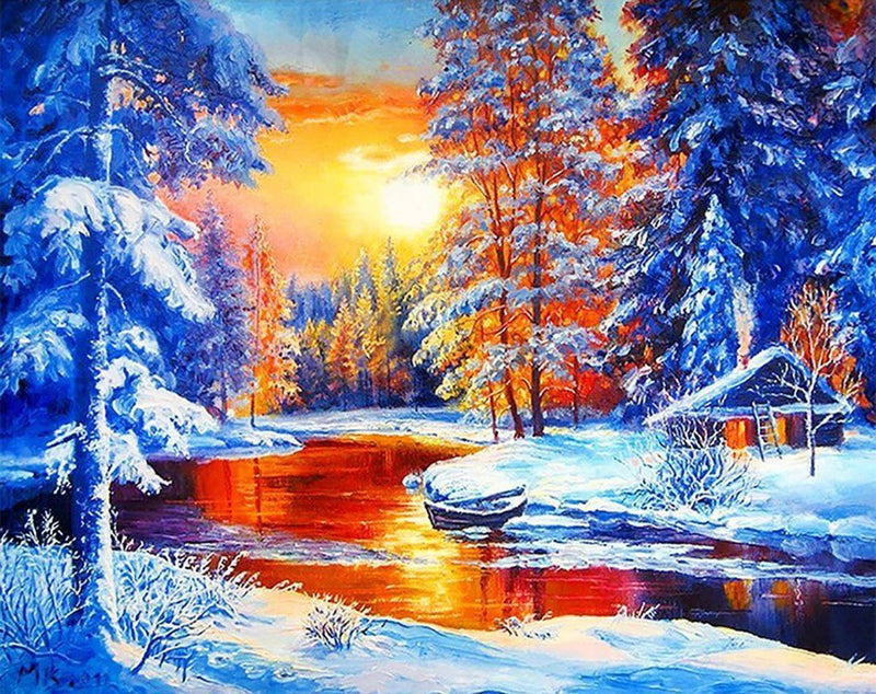 Fluss und Schneewald bei Sonnenuntergang Diamond Painting