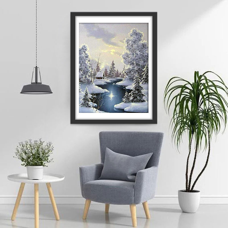 Fluss und Schneewald Diamond Painting