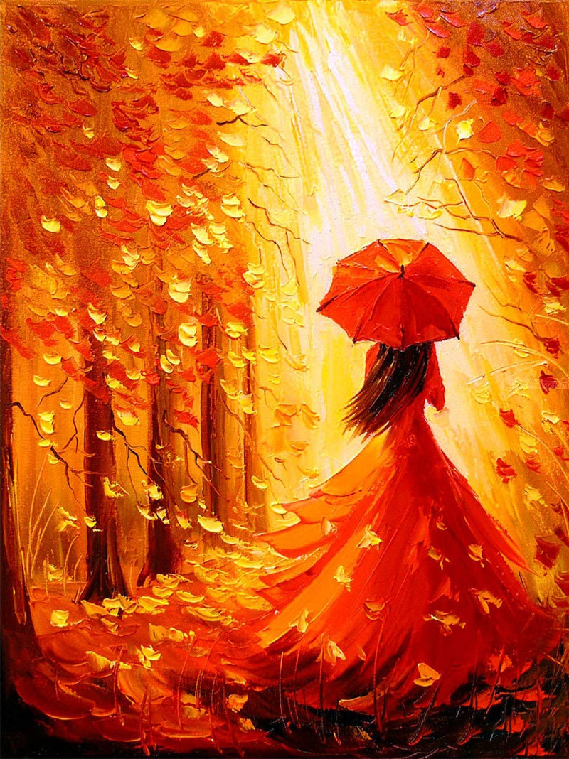 Frau mit einem roten Regenschirm im Herbstwald Diamond Painting