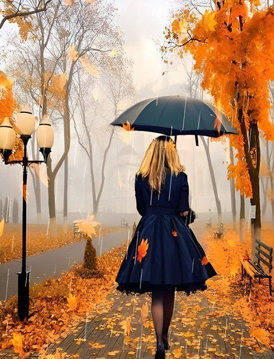 Frau mit Regenschirm im Herbst Diamond Painting