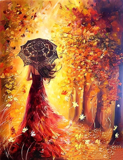 Frau mit Regenschirm im Herbstwald Diamond Painting