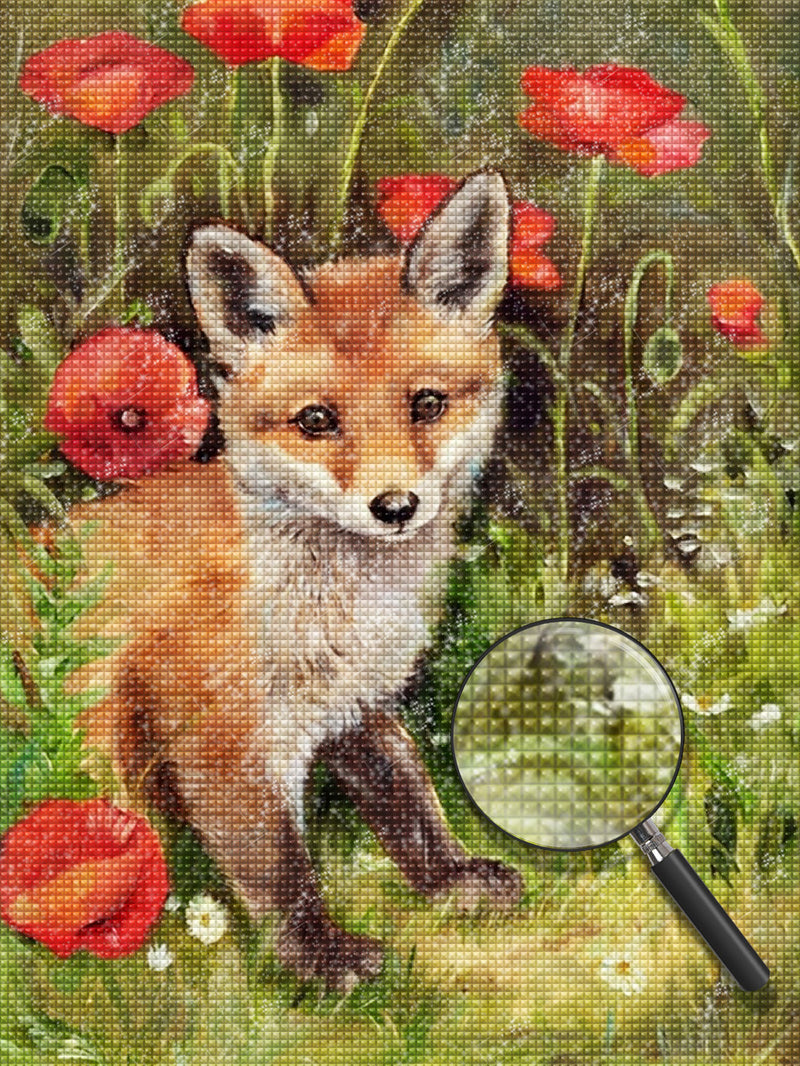 Fuchs und rote Blumen Diamond Painting