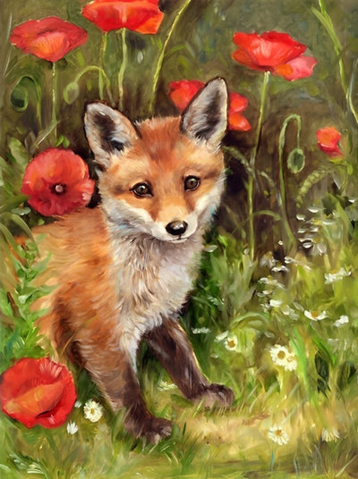 Fuchs und rote Blumen Diamond Painting