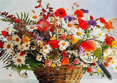 Gänseblümchen und Mohnblumen im Bambuskorb Diamond Painting