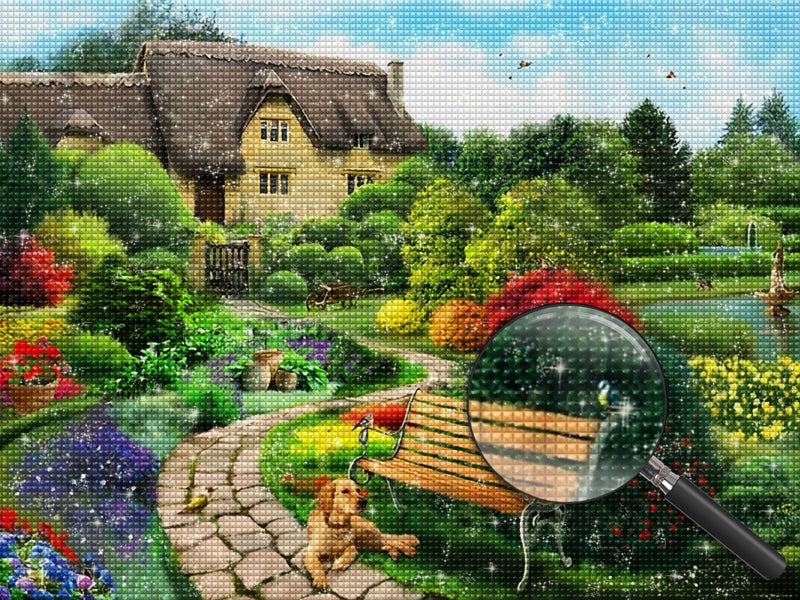 Garten, Bank und Hütte Diamond Painting