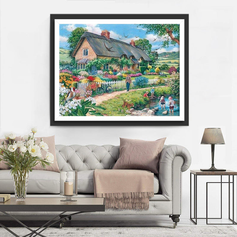 Garten, Teich und Haus im Sommer Diamond Painting