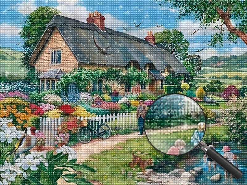 Garten, Teich und Haus im Sommer Diamond Painting