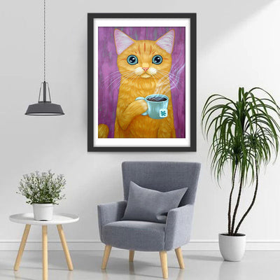 Gelbe Katze mit Tee Diamond Painting