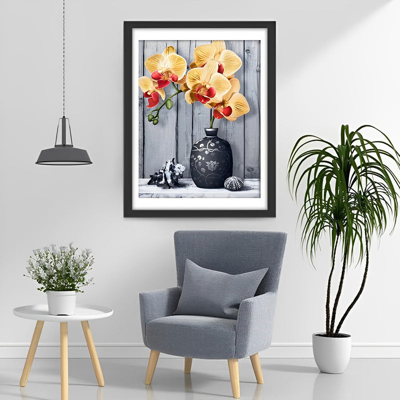 Gelbe Orchideen in der schwarzen Vase Diamond Painting