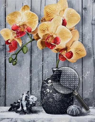 Gelbe Orchideen in der schwarzen Vase Diamond Painting