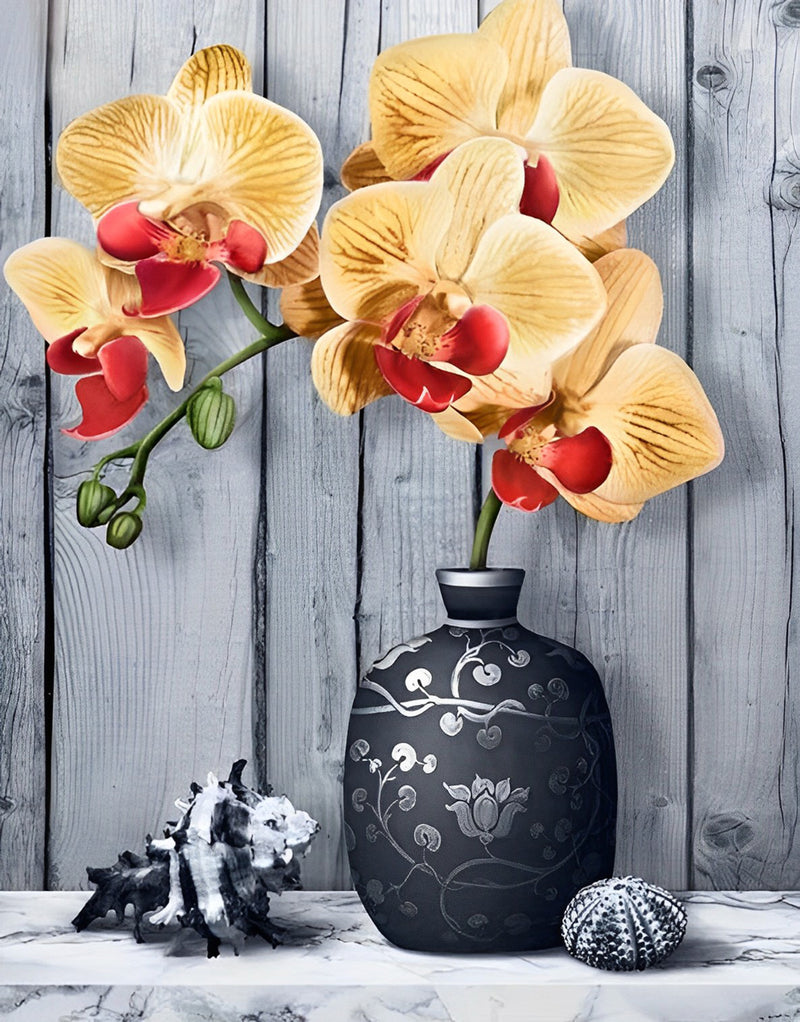 Gelbe Orchideen in der schwarzen Vase Diamond Painting