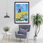 Gelbe Tulpen, blaue Blumen und Windrad Diamond Painting