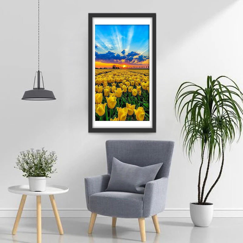 Gelbe Tulpen und Sonnenaufgang Diamond Painting