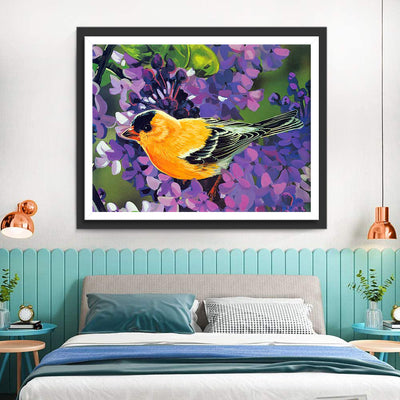 Gelber Vogel und lila Blumen Diamond Painting