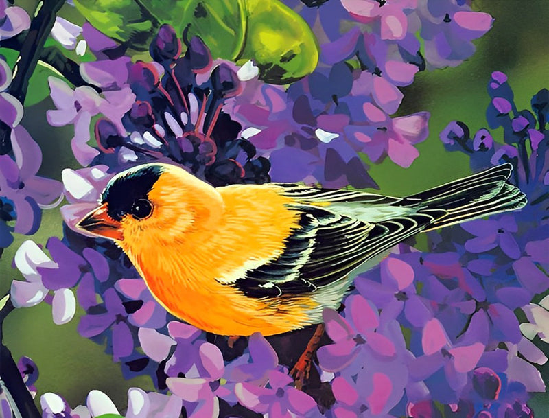 Gelber Vogel und lila Blumen Diamond Painting